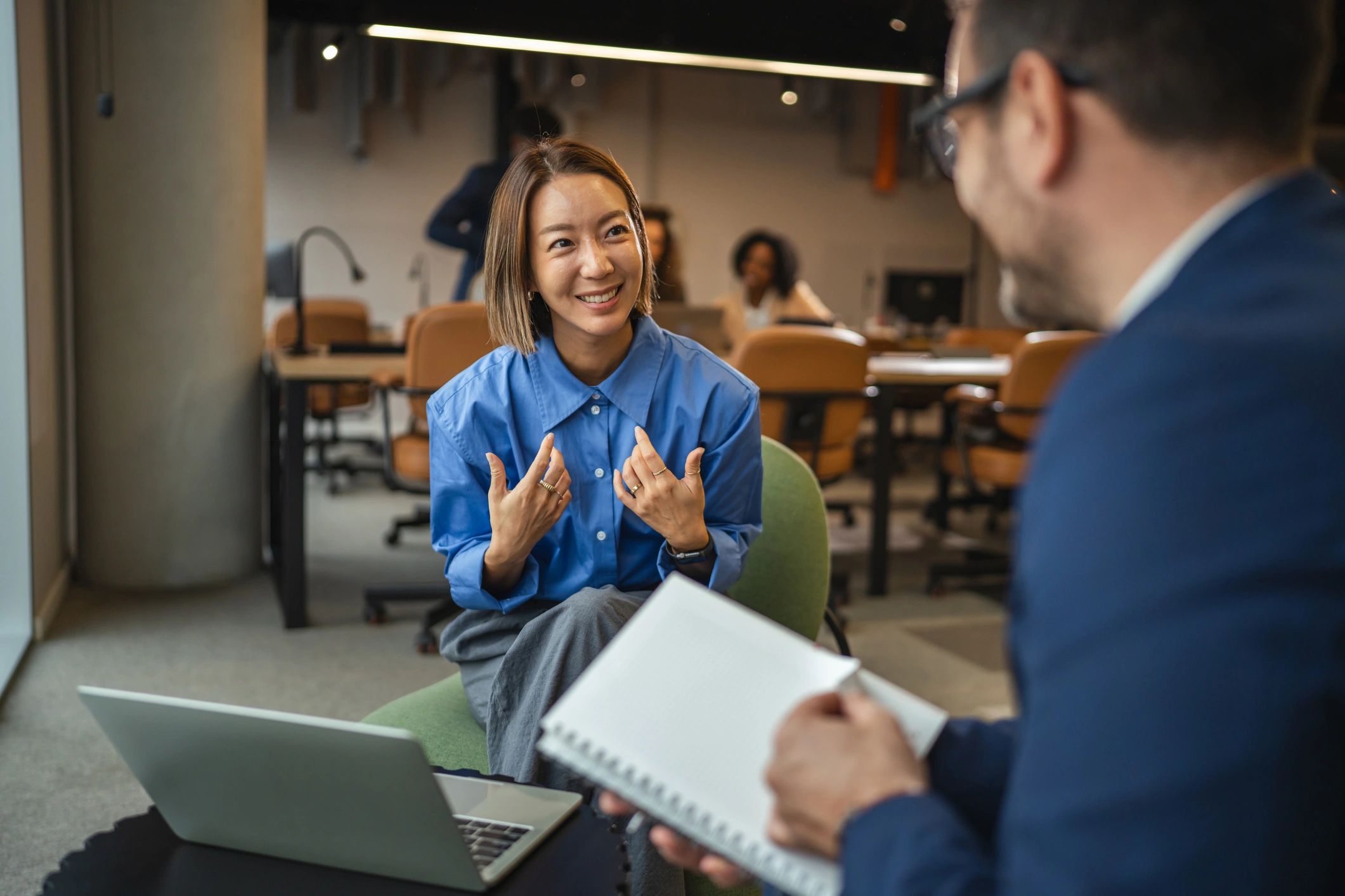 Professional media interview and discussion in office